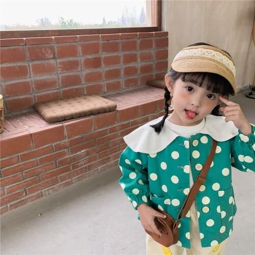 Girls' Coat 2021 Autumn New Cute Wave Point Print Doll Collar Cardigan Childrens Casual Top Fall Clothes for Kids