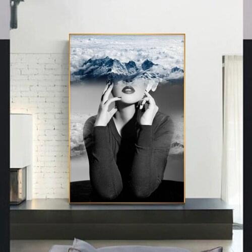 SELFLESSLY ART Woman Face Clouds Posters Wall Painting Canvas Prints Abstract Portrait Mountain Picture Home Decor Decorative