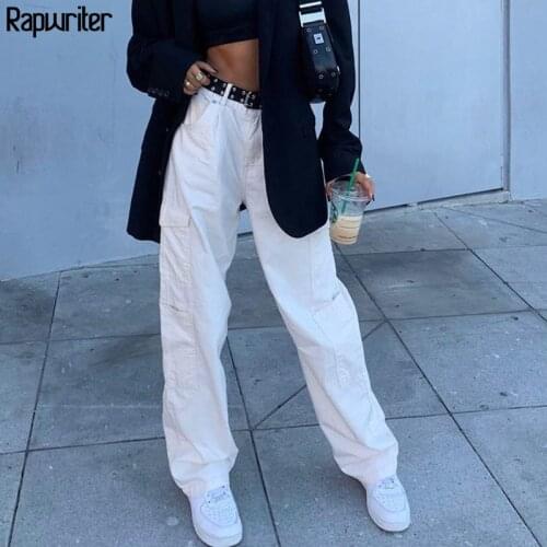 Rapwriter Casual Loose High Waist Pants Vintage Straight Jeans Streetwear Full-length Harajuku Cargo Pants Demin Pants White
