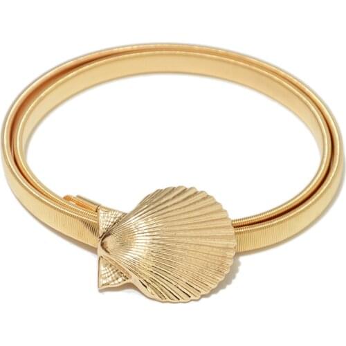 Women Gold Shell Belt New Metal Buckle Elastic Belts for Women Stretch Waist Chain Waistband Female Dress Fashion