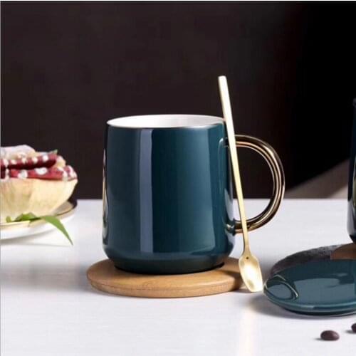 Luxurious Green ceramic mug with spoon lid, Gold handle Coffee Mug Porcelain Juice Drinking Cup Coffee Milk Tea Cup