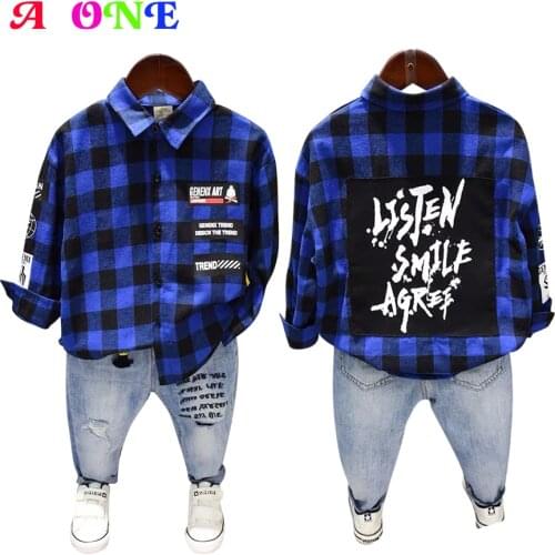 Spring Autumn boys shirt kids blouse baby tops children basic shirt toddler streetwear plaid check letter patch 2 to 7 yrs