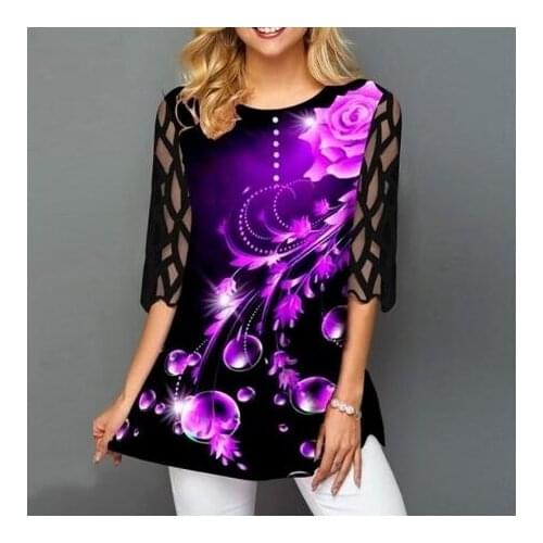 Plus Size 4xl 5XL Shirt Blouse Female 2020 Spring Summer New Tops O-neck Half Sleeve Lace Splice Print Boho Women shirt