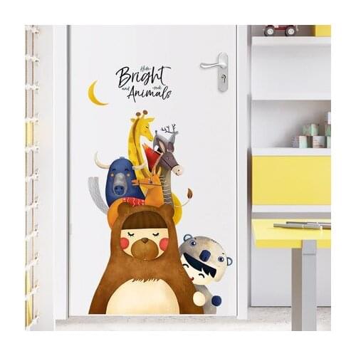 Nordic Style Animal Wall Sticker Bear Giraffe Door Decoration Stickers Nursery Baby Room Wall Decals Mural Wallpaper