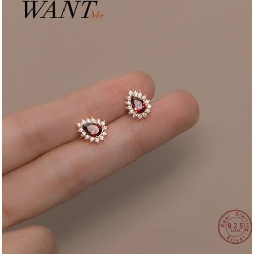 WANTME Real 925 Sterling Silver Luxury Water Drop Red Zircon 18k Gold Korean Stud Earrings for Women Wedding Engagement Jewelry
