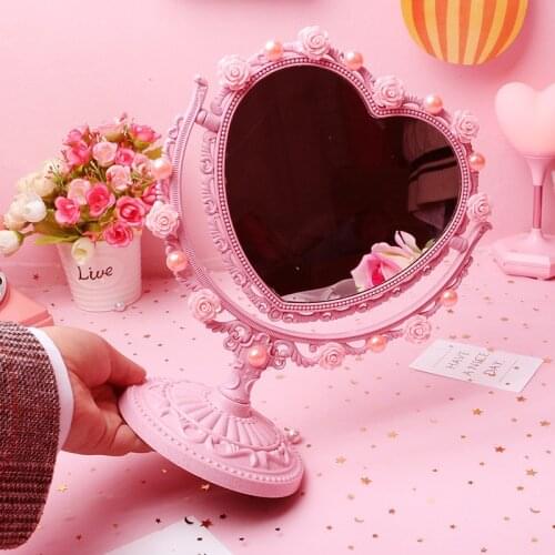 Kawaii Makeup Mirror DIY Pearl flower Pink Carved Dressing Table Decorative Mirror Room Decor Vanity Mirror Plastic Heart-shaped