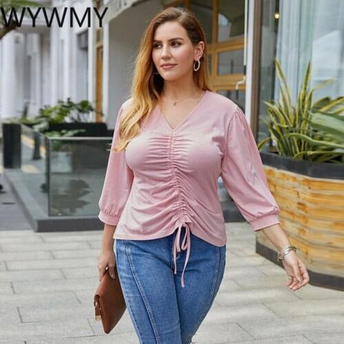 WYWMY Womens Bandage Blouse Out Spring Summer Long Sleeve Tops Blouse Ladies Casual V-neck Dames Plus Size Feminine Shirt