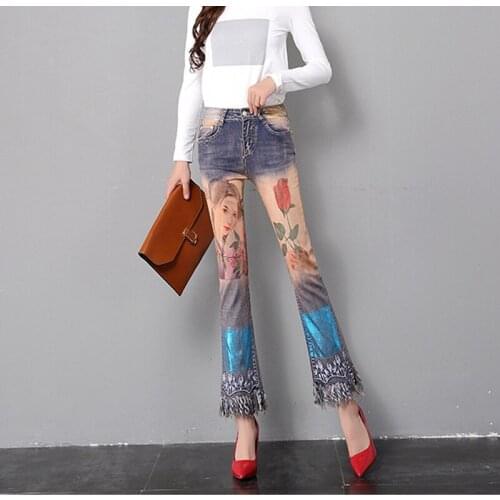 2021 New Ancient Costume Miss Painted Jeans Women Flares Pants Blue Flowers tassel Tassel Leg-openings Denim Jeans
