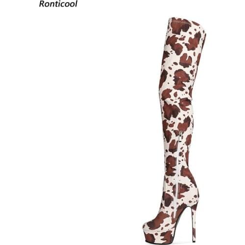 Ronticool Women Over The Knee Boots Flexible Sexy Cow Pattern High Heels Round Toe Pretty Black Brown Dress Shoes US Size 5-13