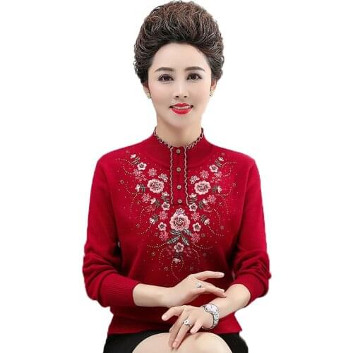 Women Sweater Pullover Middle-aged Autumn Winter Casual Embroidered Jumper Loose Sweaters Oversized Half high collar Tops R796