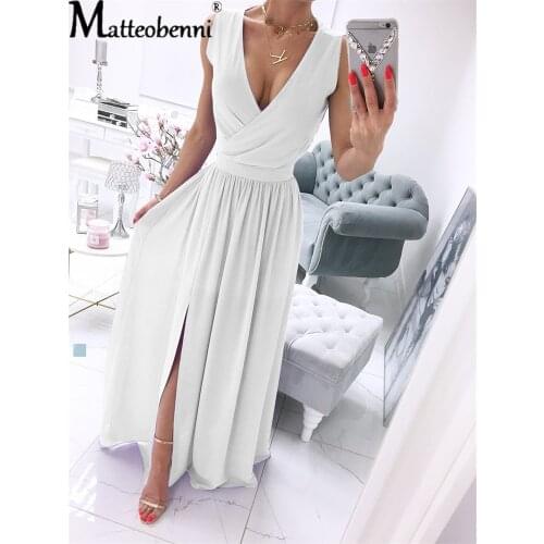 Fashion Women Summer Deep V-Neck Sleeveless Beach Dress Chiffon Split Maxi Party Dress Vintage Solid Color Long Dresses Vestido