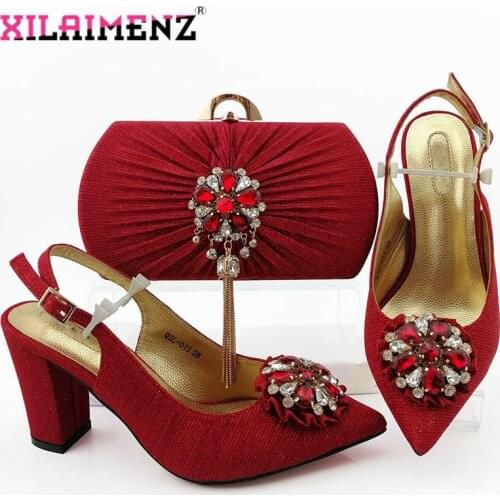 2020 Special Red Color Latest Fashion African Women Matching Italian Sandals and Bag Set Comfortable Heels with Crystal