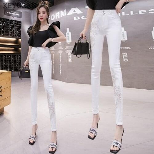 Pants Women Elastic Pencil Jeans Pants White High Waist Beaded Zipper Slim Fit Skinny Full Length Female Trouser Pants For Woman