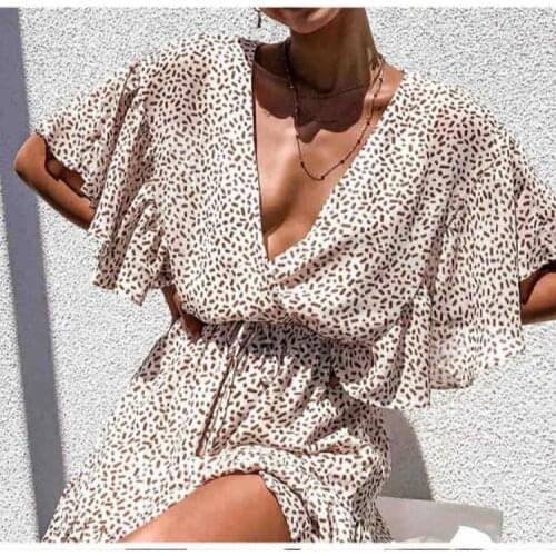 DUISNENA mini boho dress chiffon deep v-neck women dresses ruffled sleeve back split polka dots vestidos