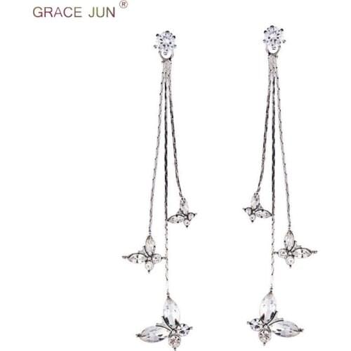 Korea Style CZ Rhinestone 3 Butterfly Long Tassel Clip on Earrings and Drop Pierced Earrings Fashion Bridal Wedding Earrings New