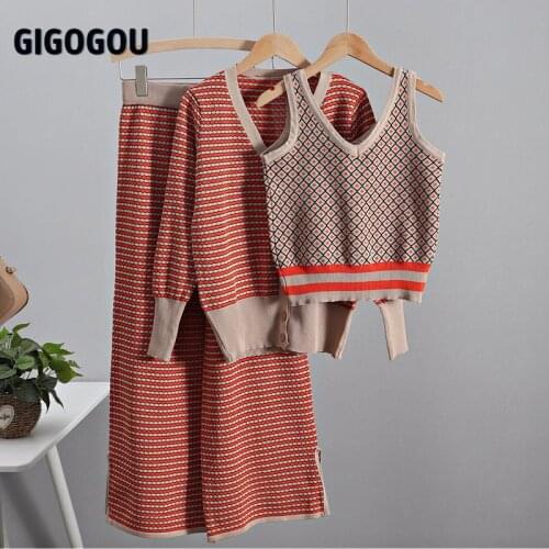 GIGOGOU Spring womens Knitted Tracksuit 3 Pieces Set Long Sleeve Women Cardigan Sweater+ Knitted Tank Top + Wide Leg Pant Suits