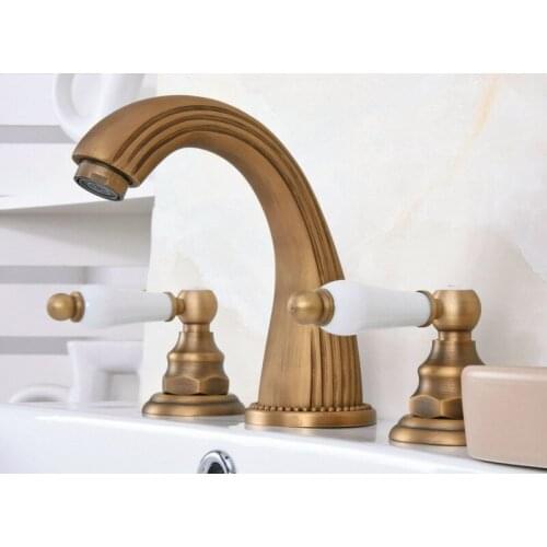 Vintage Retro Antique Brass Deck Mounted Dual Handles Widespread Bathroom 3 Holes Basin Faucet Mixer Water Taps man070