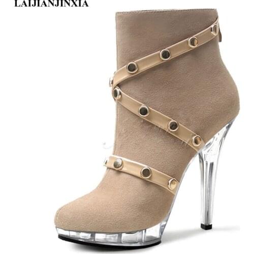LAIJIANJINXIA New Suede Rivets Dance Boots 13 cm High Heels Women Boots Sexy Ankle Boots Party Fashion Pole Dancing Shoes