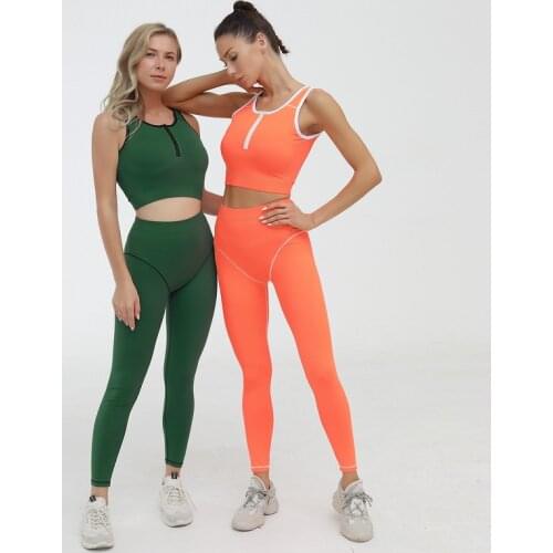 Fashion Shiny Orange Women Fitness Two Piece Set Sleeveless Crop Top and Leggings Matching Set Ladies Fitness 2PCS Activewear