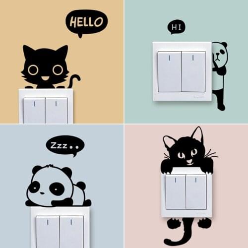 Wall Stickers Switch Sticker Cute Bear Panda Cat Hello Sleeping Black Simple Stickers For Kids Rooms DIY Home Decor