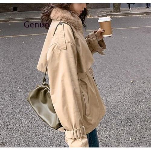 2020 New Winter Women Faux Fur Collar Coats Solid Sashes Cotton Padded Parkas Female Warm Safari Style Harajuku Bf Jackets