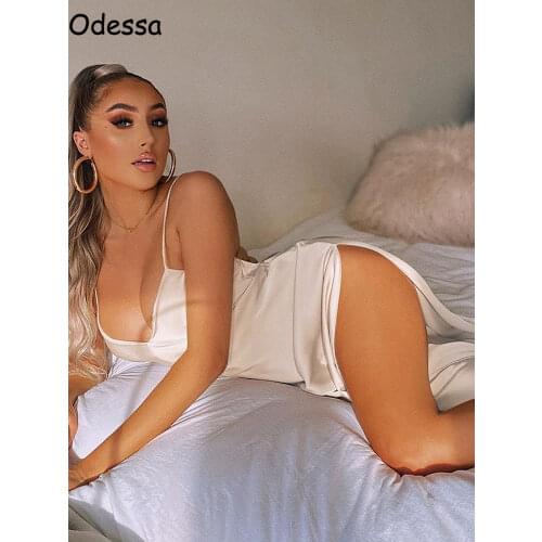 Odessa Spring Summer Black Backeless Sexy Satin Spaghetti Dress Women Sexy Party Midi Split Dresses Ladies Elegant Vestidos 2021