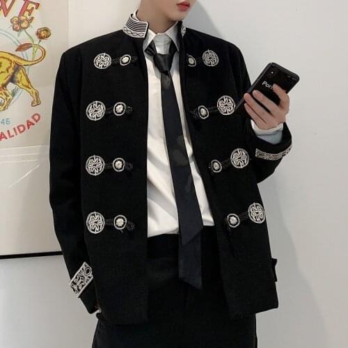 Blazer Coat Gothic Men Vintage Embroidery Stand Collar Loose Casual Suit Jacket Male Streetwear Hip Hop Outerwear Stage Clothes
