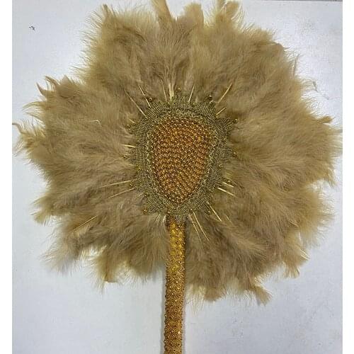 1Pc/bag African Blue Turkey Feather Hand Fan Handmade Fans for Wedding Decoration Hand Fan with Stones Double-sided Feather Fan