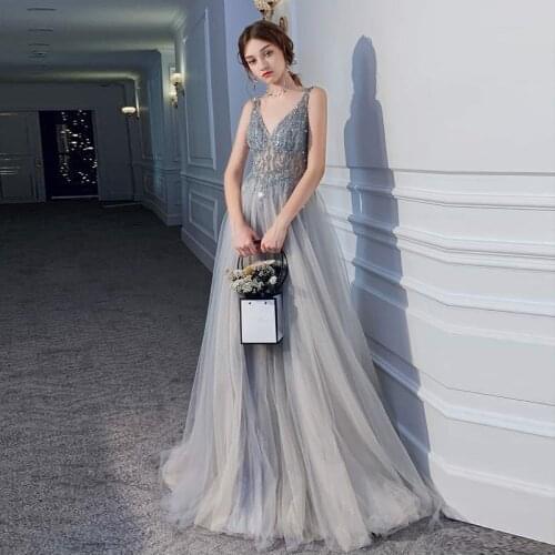 Long V Neck Sexy Evening Dresses Woman Party Dress Sleeveless Sequins Formal Prom Gowns Tulle Crystal Princess Vestido Hot