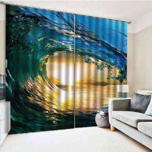 High quality custom 3d curtain fabric blue waves curtains 3D Curtains set For Bed room Living room Office