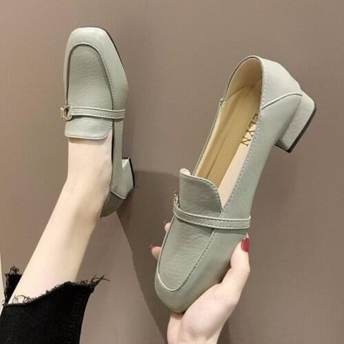 Thick Mid Heels Round Toe Casual Shoes Woman 2021 New Square Toe Slip on Solid Leather Oxford Shoes for Women Pumps Plus Size
