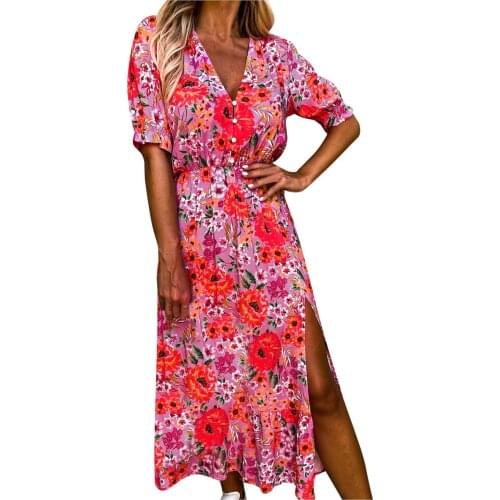 Summer Daily Floral Printing Split Fork Long Dress Ladies Elegant Button Short Sleeve Dresses Comfortable Tunic V-neck Платье