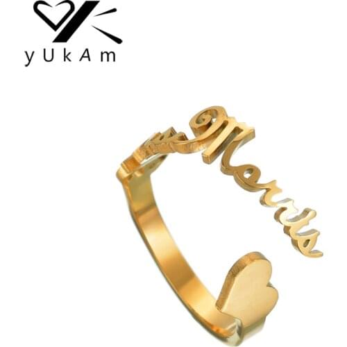 YUKAM Jewelry Gold Nameplate Custom Double Name Ring Stainless Steel Personalized Two Names Open Cuff Adjustable Rings for Women