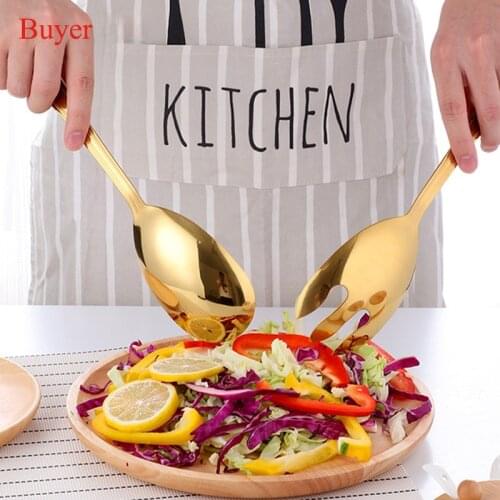 2PCS Stainless Steel Large Salad Spoon Fork Set Mixing Cooking Fruit Salad Spoon and Salad Fork Kitchen Restaurant Tool