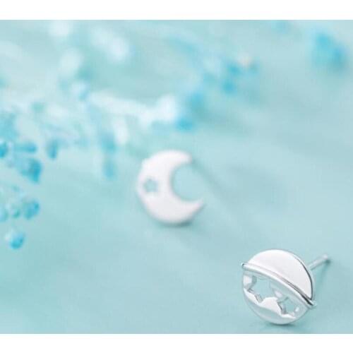 925 Sterling Silver Universe Moon Saturn Stars Post Stud Earrings Women Jewelry A1783