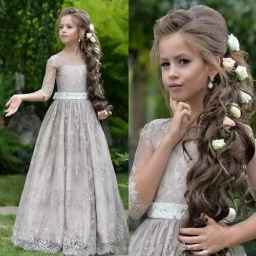 A-Line Flower Girl Dress For Weddings Lace O Neck Half Sleeves Longo Girls Pageant Gown Holy First Communion Gowns