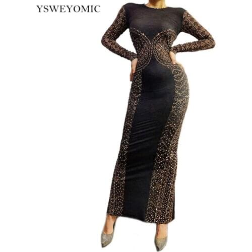 Prom Evening Birthday Sparkly Rhinestones Obscure Pattern Dress O-Neck Black Long Sleeve Stretch Bodycon Stage Dress Outfit