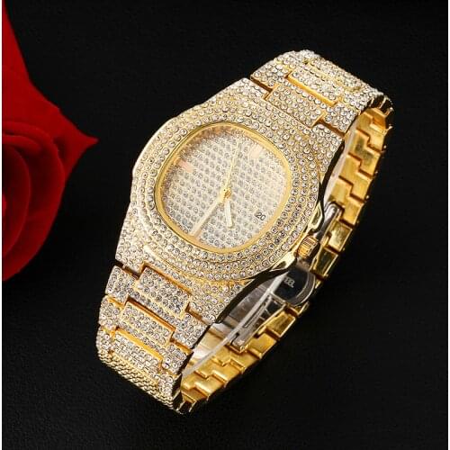 Top Luxury Mens Watch 2021 Gold Full Diamond Stainless Steel Steel Belt Mens Fashion Calendar Mens And Womens Watches