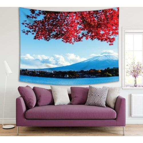 Tapestry Mount Fuji Autumn Maple Trees Lake Kawaguchi by Sunny Day Nature Landscape Blue Red