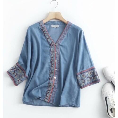 Women denim cardigan poncho embroidery vintage drop-shoulder kimono shirt button up jeans kimono soft summer spring shirt