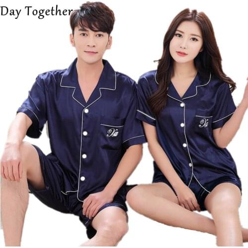 Satin Silk Pajamas Pyjamas Set Shorts Women Summer Short Sleeve Shirt Silk Satin Nightwear 2 Piece Sets Home ear men