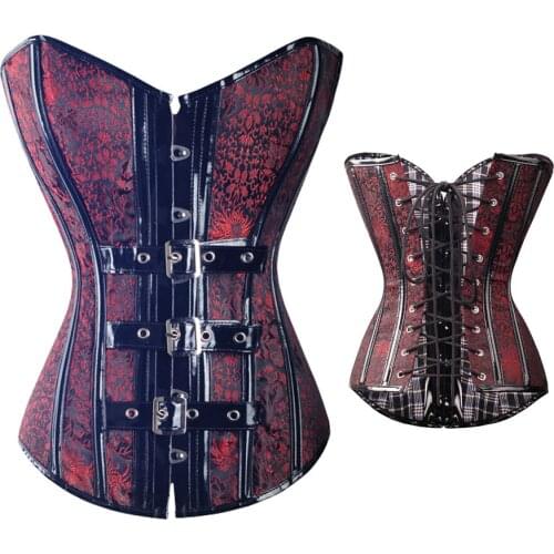 Steampunk Corset Gothic Women Sexy Jacquard Clothes Plastic Boned Buckled Bustier Burlesque Overbust Lace Up Lingerie Shapewear