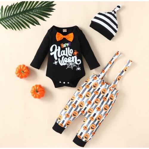 Halloween Costume Clothes Set Baby Boys Gentleman Bow Tie Romper + Halloween Straps Pants Outfits Set