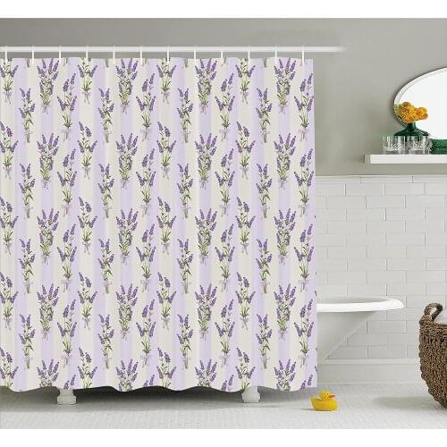Lavender Shower Curtain Stripes and Flowers with Ribbons Romantic Country Home Decorations Spring Season Bathroom Decor Curtains