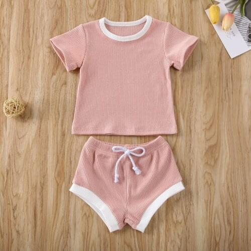 2021 Summer Fashion Baby Clothing Infant Baby Girl Boy Clothes Short Sleeve Tops T-shirt+Shorts Pants Ribbed Solid Outfits