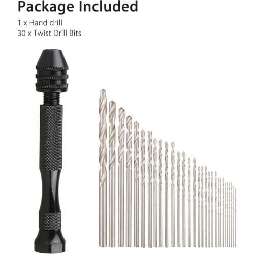 31PCS Precision Pin Vise Hobby Drill Bits Mini Micro Hand Rotary Tools Set 0.5mm, 0.6mm, 0.7mm, 0.8mm, 0.9mm, 1mm, 1.2mm, 1.4mm