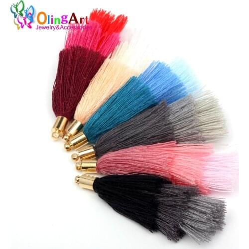 OlingArt 60mm 6Pcs/lot Golden hat Gradient Cotton Tassel Charm Necklace Earring DIY Jewelry Making Straps Keychain Pendants