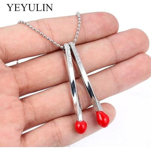 Red Matches Shape Pendant Necklace Silver Plated Color Link Chain Necklaces For Friend Family Fashion Jewelry Gift