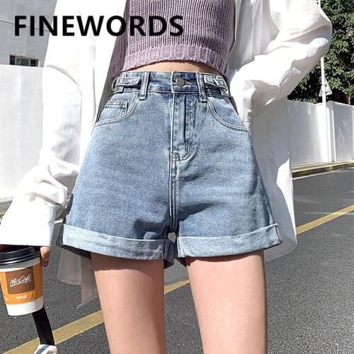 FINEWORDS Casual Streetwear High Waist Short Jeans Summer Vintage Korean Denim Shorts Women Wide Leg Cuff Sexy Mini Beach Shorts
