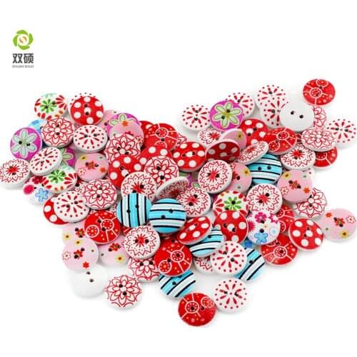 Shuan Shuo 15mm 2 Eyes Printed Flowers Round Wooden Buttons For Hat, Shoes, Clothes Diy Accessories Mixed Color 50PCS/Bag
